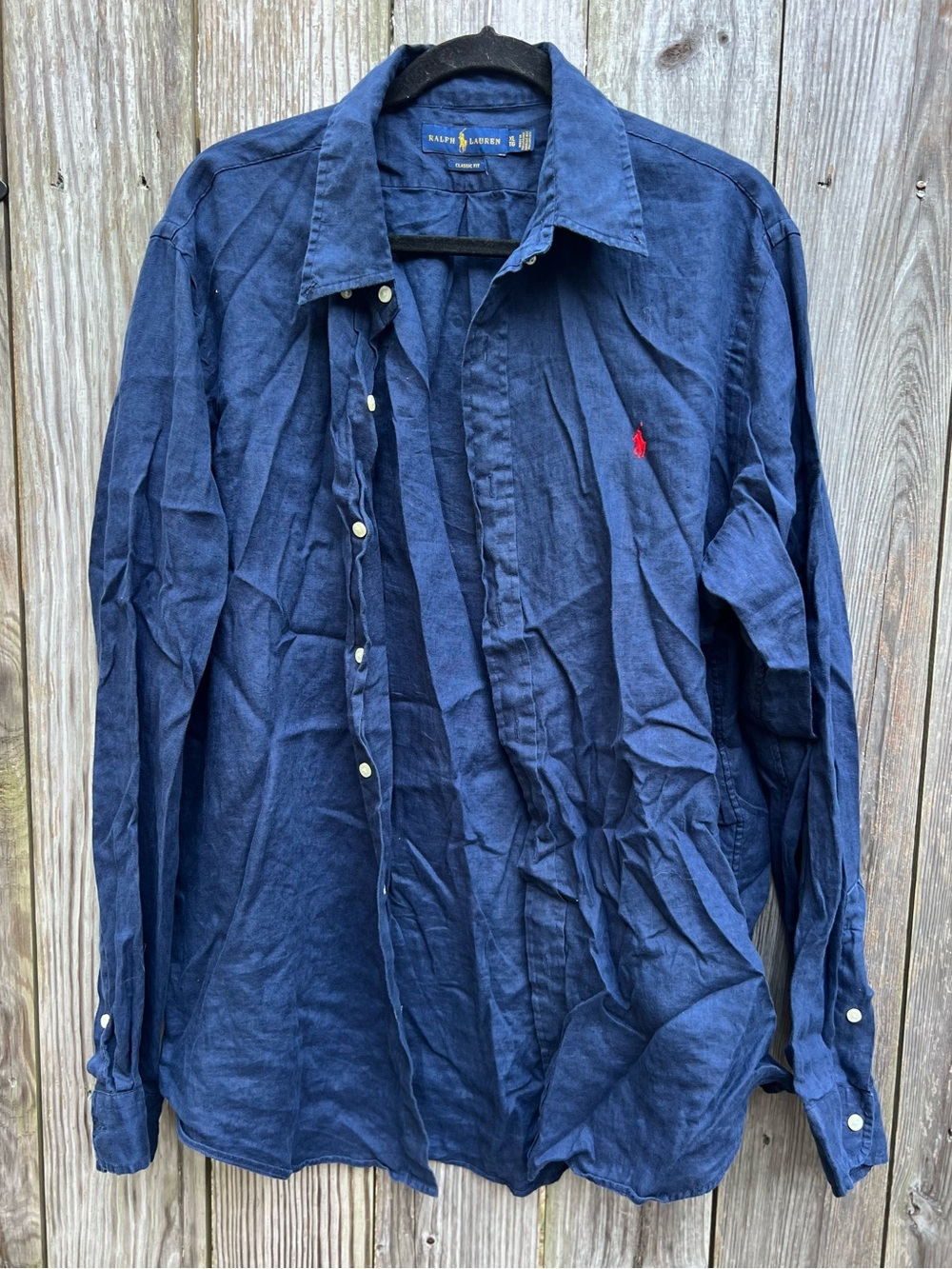 Ralph Lauren Linen Classic Fit Button Down Shirt Newport Navy Blue Mens XL